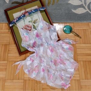 Vintage union made white and pink floral sheer teddy